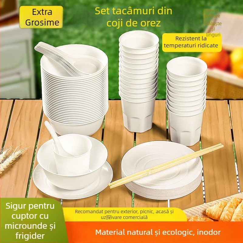 Set de veselă plastică de unică folosință, vase rotunde și farfurii, grosime 0.75 mm, capacitate 1 porție