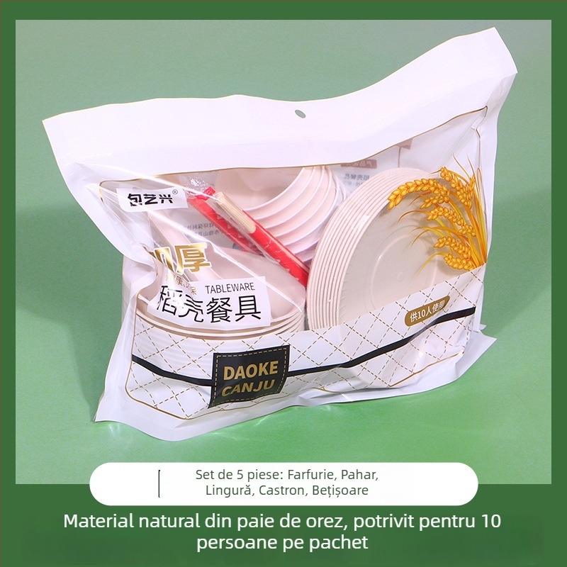 Set de veselă de unică folosință din coaja de orez, pentru exterior, biodegradabil, 10 porții