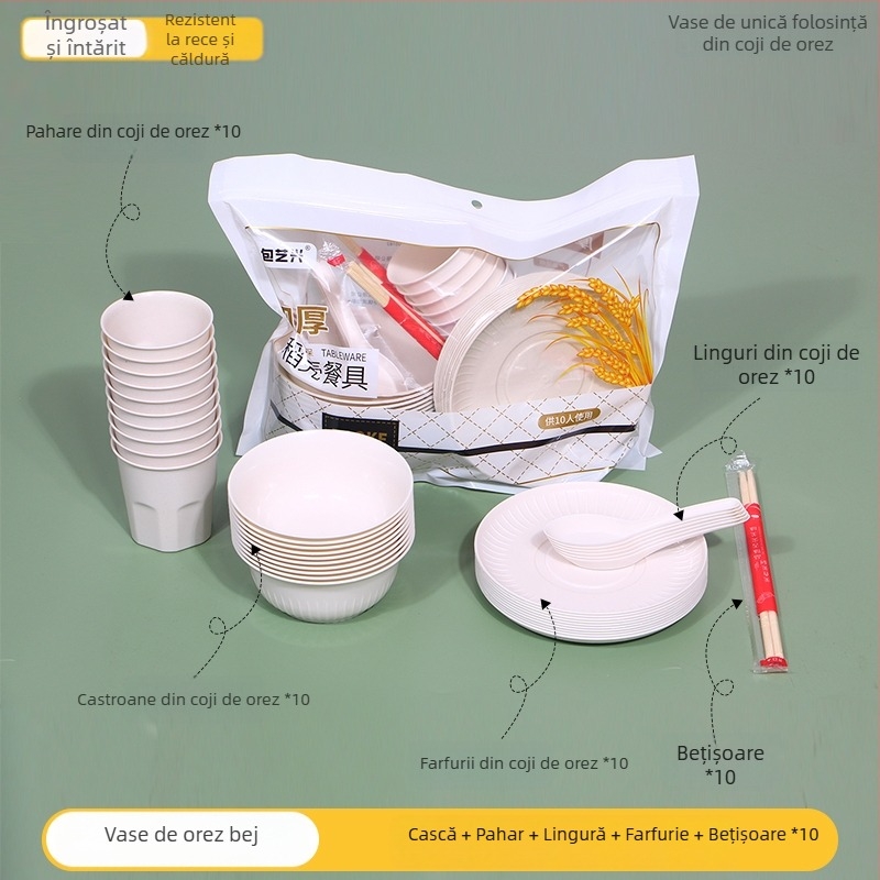 Set de veselă de unică folosință din coaja de orez, pentru exterior, biodegradabil, 10 porții