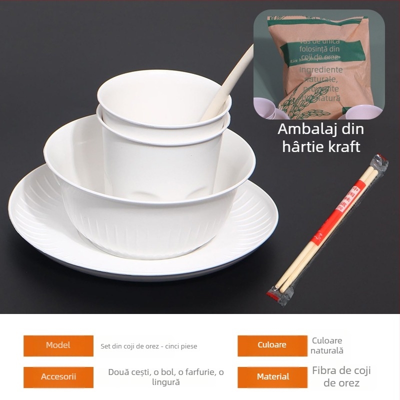 Set de veselă de unică folosință din coaja de orez, pentru exterior, biodegradabil, 10 porții