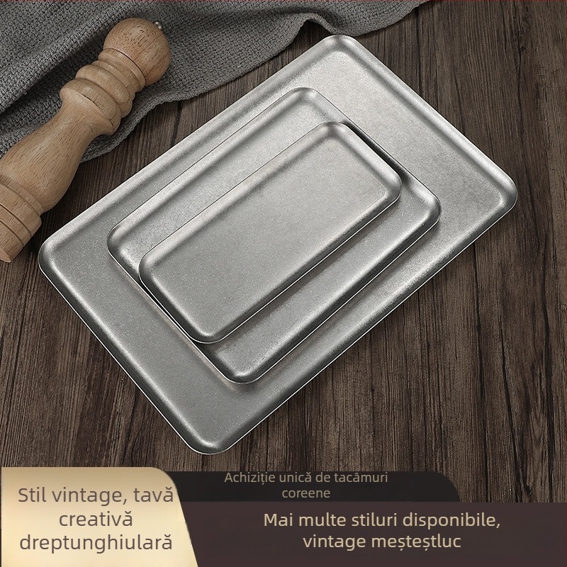 Tavă pătrată din oțel inoxidabil pentru deserturi, stil retro lux ușor, compatibilă cu microunde, pentru cafenele și uz casnic