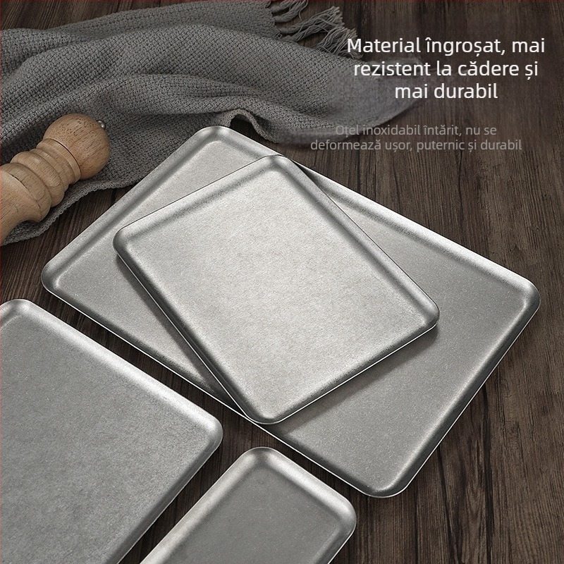 Tavă pătrată din oțel inoxidabil pentru deserturi, stil retro lux ușor, compatibilă cu microunde, pentru cafenele și uz casnic