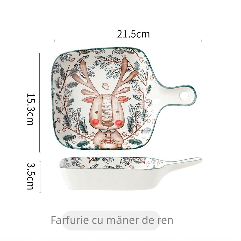 Farfurie ceramică cu mâner, pătrată, din porțelan, model floral sub glazură