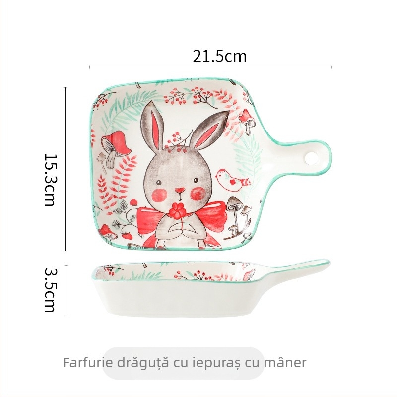 Farfurie ceramică cu mâner, pătrată, din porțelan, model floral sub glazură