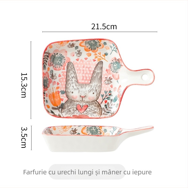 Farfurie ceramică cu mâner, pătrată, din porțelan, model floral sub glazură