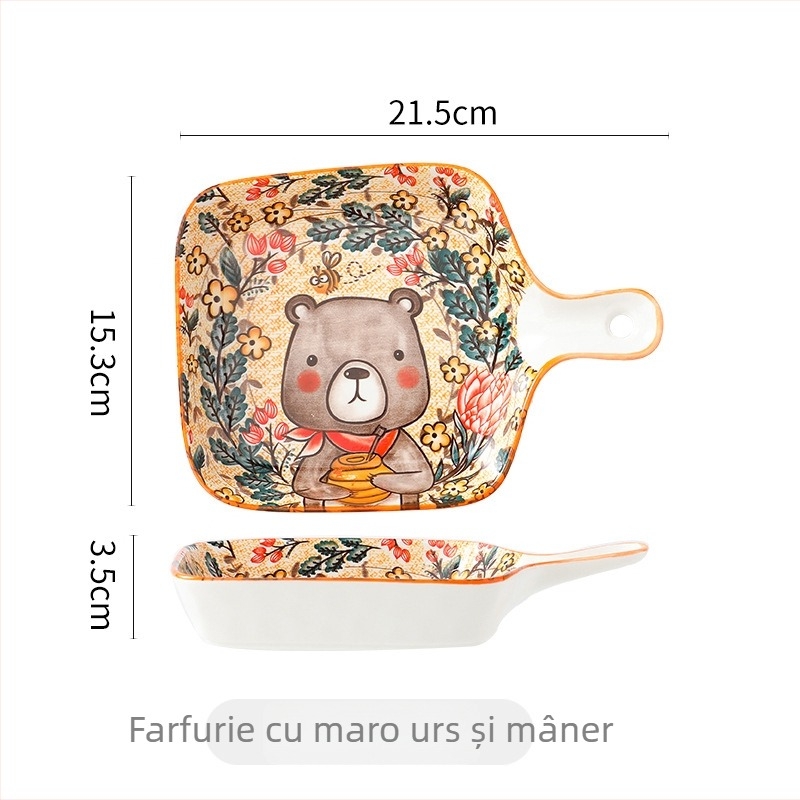 Farfurie ceramică cu mâner, pătrată, din porțelan, model floral sub glazură