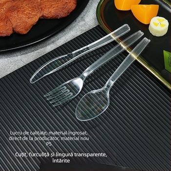 Set tacâmuri plastic de unică folosință (cuțit, furculiță, lingură) - grosime 0.1 cm; material: plastic; personalizare disponibilă