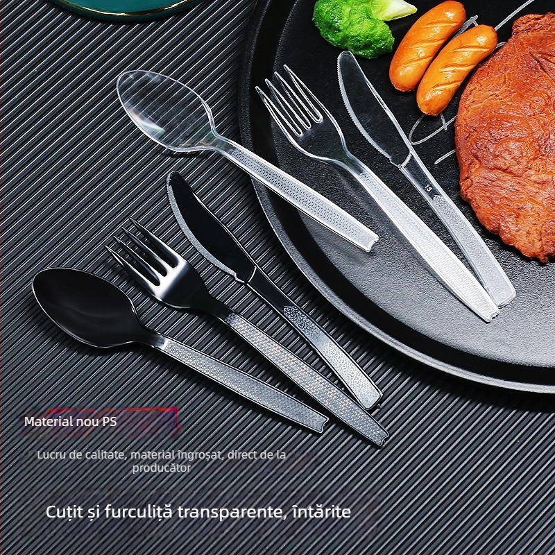 Set tacâmuri plastic de unică folosință (cuțit, furculiță, lingură) - grosime 0.1 cm; material: plastic; personalizare disponibilă