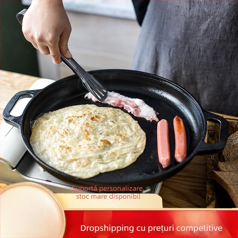 Tigaie din fontă pentru clătite, cu mâneri duble, bază plată, strat antiaderent, model JB-001