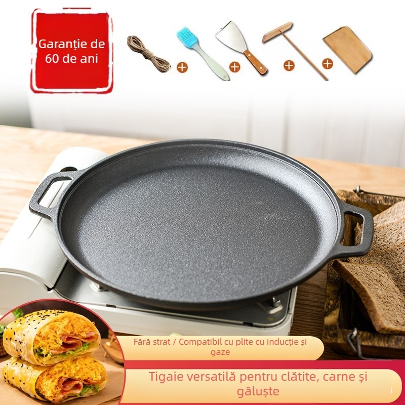 Tigaie din fontă pentru clătite, cu mâneri duble, bază plată, strat antiaderent, model JB-001