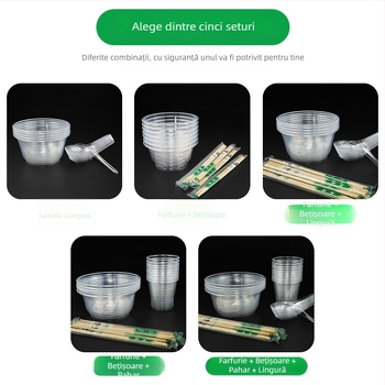Set tacâmuri de unică folosință: bol, bețișoare, lingură și pahar; plastic; formă rotundă; 1000 buc./cutie; 100 buc.