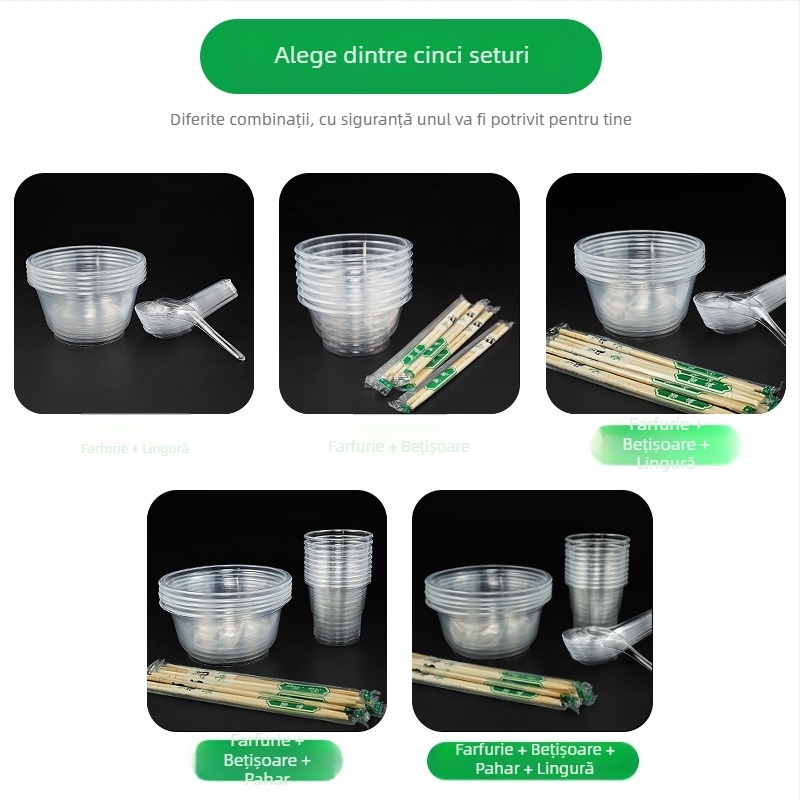 Set tacâmuri de unică folosință: bol, bețișoare, lingură și pahar; plastic; formă rotundă; 1000 buc./cutie; 100 buc.