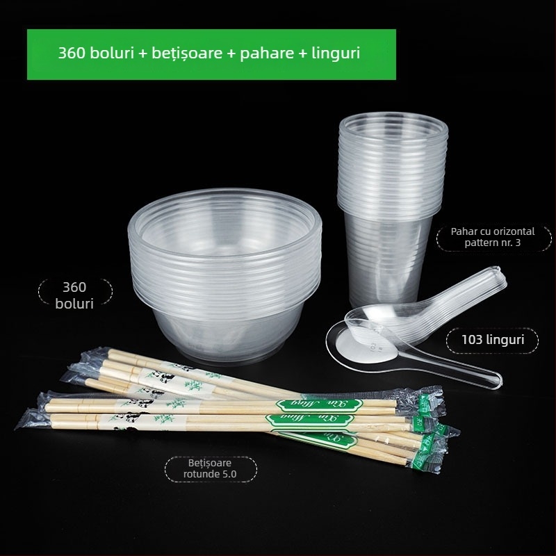 Set tacâmuri de unică folosință: bol, bețișoare, lingură și pahar; plastic; formă rotundă; 1000 buc./cutie; 100 buc.