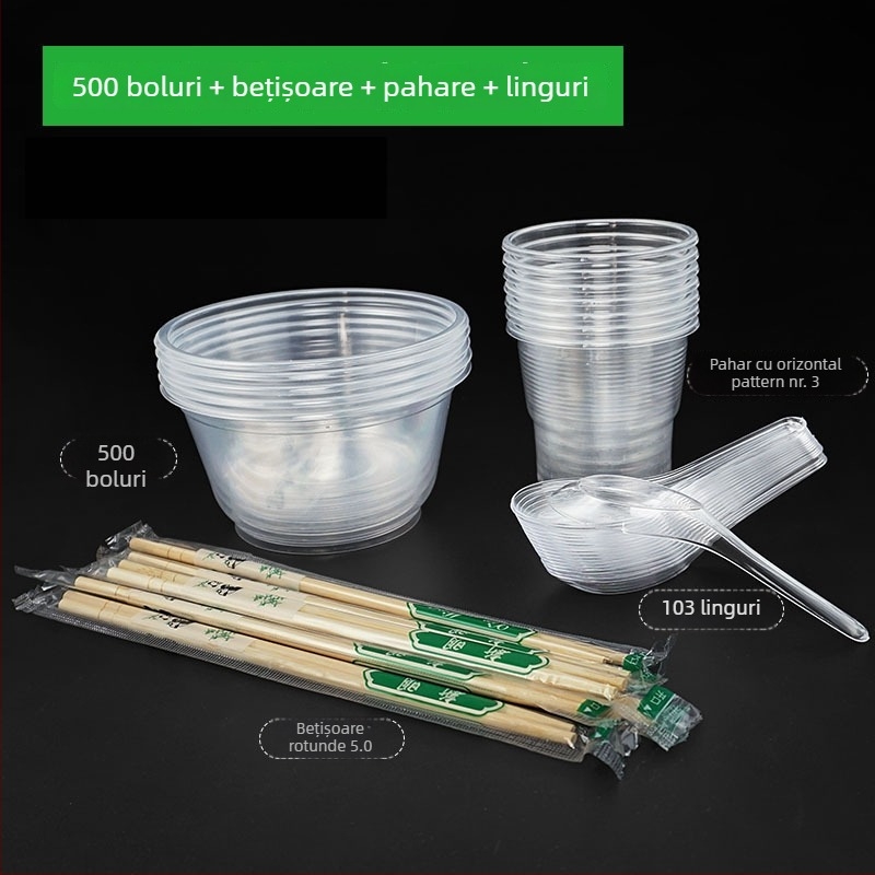 Set tacâmuri de unică folosință: bol, bețișoare, lingură și pahar; plastic; formă rotundă; 1000 buc./cutie; 100 buc.