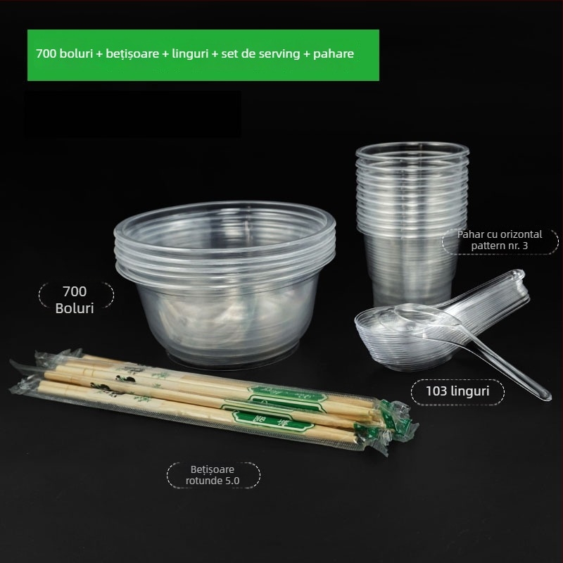 Set tacâmuri de unică folosință: bol, bețișoare, lingură și pahar; plastic; formă rotundă; 1000 buc./cutie; 100 buc.