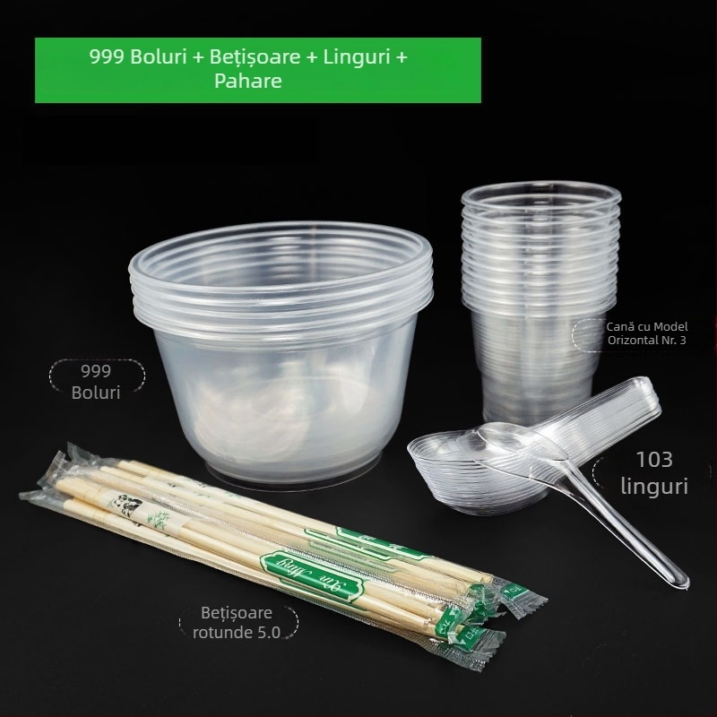 Set tacâmuri de unică folosință: bol, bețișoare, lingură și pahar; plastic; formă rotundă; 1000 buc./cutie; 100 buc.