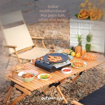 Tigaie grill exterioră pentru camping – gătit fără fum, platou BBQ coreean, tigaie Teppanyaki cu piatră Maifan