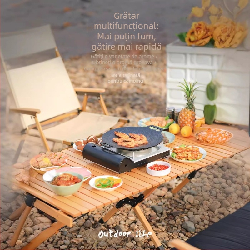 Tigaie grill exterioră pentru camping – gătit fără fum, platou BBQ coreean, tigaie Teppanyaki cu piatră Maifan