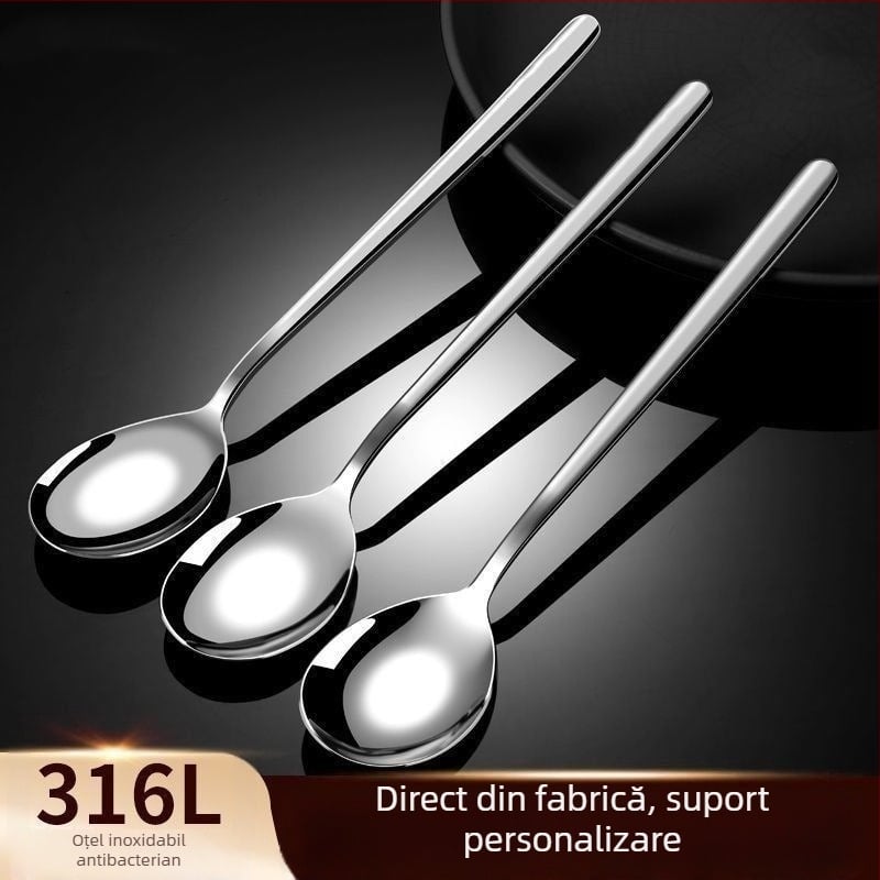 Linguriță din oțel inoxidabil alimentar, mâner lung – design modern minimalist, potrivit pentru copii, elevi, femei însărcinate, adulți și persoane în vârstă; personalizare disponibilă.