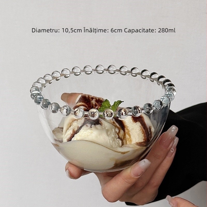 Bol de sticlă cu margine perlată – rotund, stil simplu, calitate premium, potrivit pentru ovăz cu iaurt, înghețată și deserturi