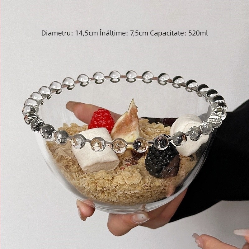 Bol de sticlă cu margine perlată – rotund, stil simplu, calitate premium, potrivit pentru ovăz cu iaurt, înghețată și deserturi