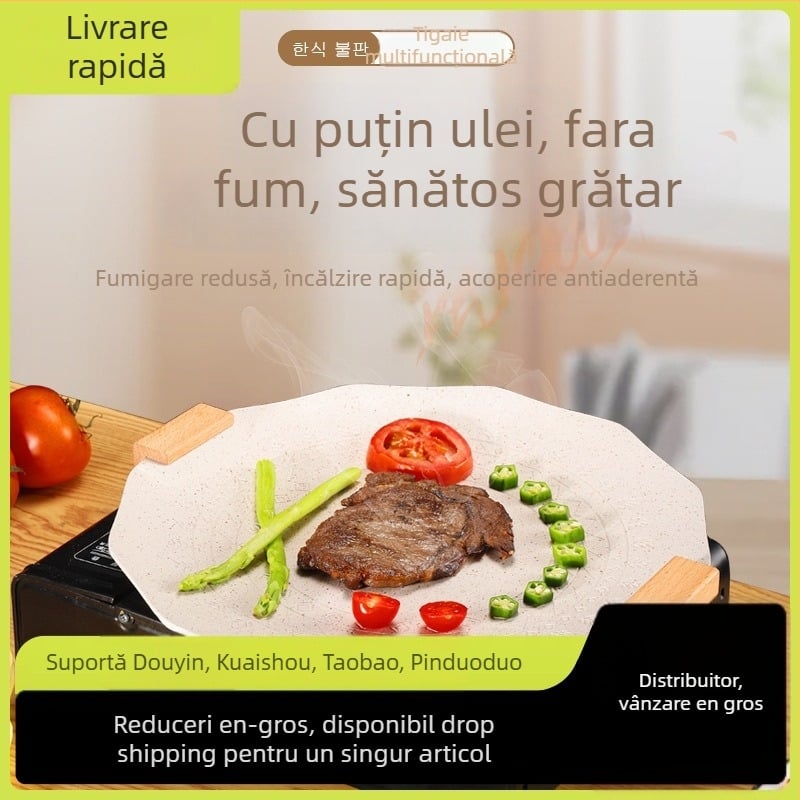 Tigaie grill cu stea cu șase colțuri pentru camping, universală pentru plite cu inducție și gaz, antiaderent, stil coreean de grătar