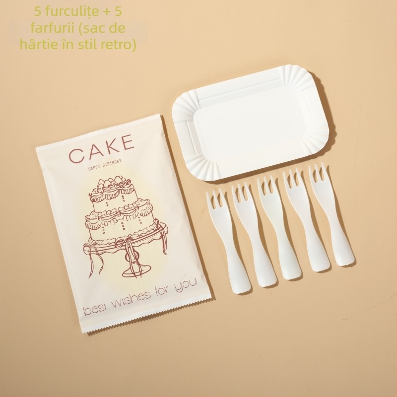 Set tacâmuri de cofetă din hârtie – cuțit, furculiță, lingură pe farfurie dreptunghiulară – stil desen animat, 100 seturi