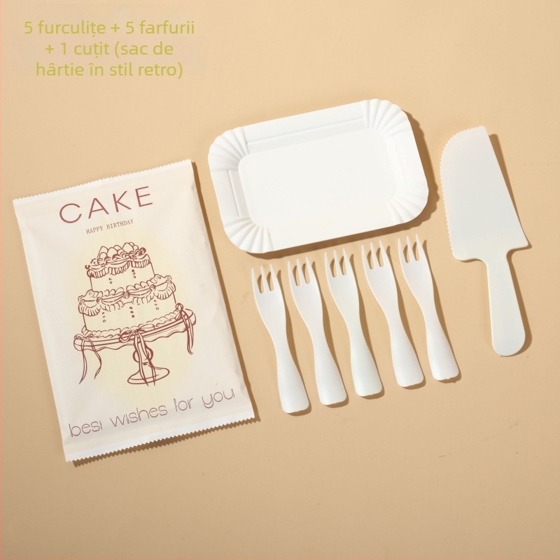 Set tacâmuri de cofetă din hârtie – cuțit, furculiță, lingură pe farfurie dreptunghiulară – stil desen animat, 100 seturi