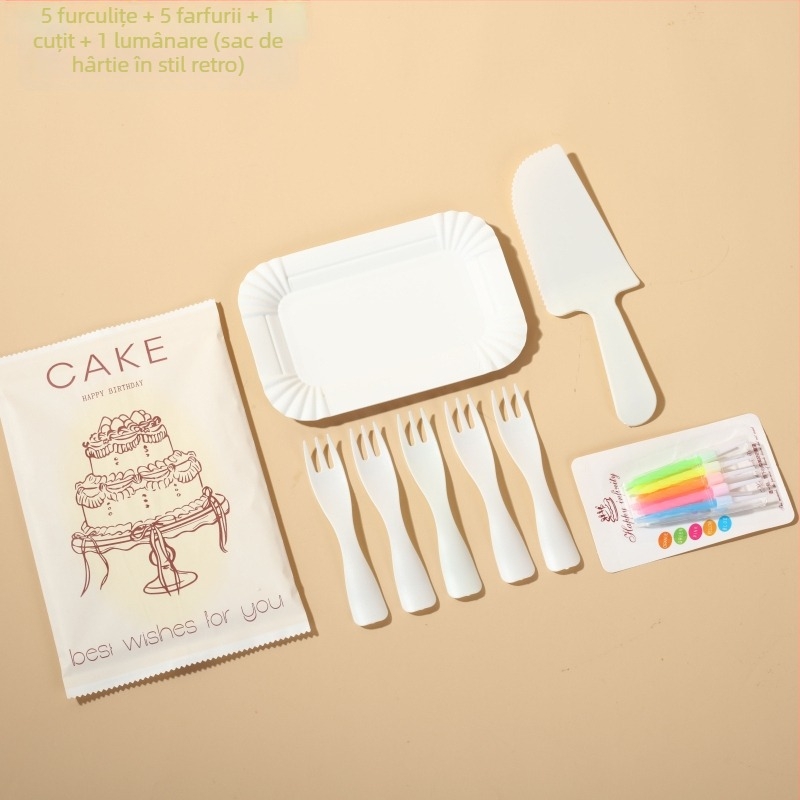 Set tacâmuri de cofetă din hârtie – cuțit, furculiță, lingură pe farfurie dreptunghiulară – stil desen animat, 100 seturi