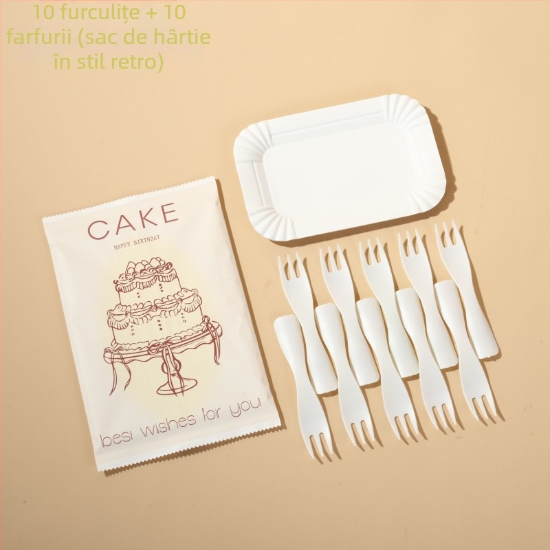 Set tacâmuri de cofetă din hârtie – cuțit, furculiță, lingură pe farfurie dreptunghiulară – stil desen animat, 100 seturi