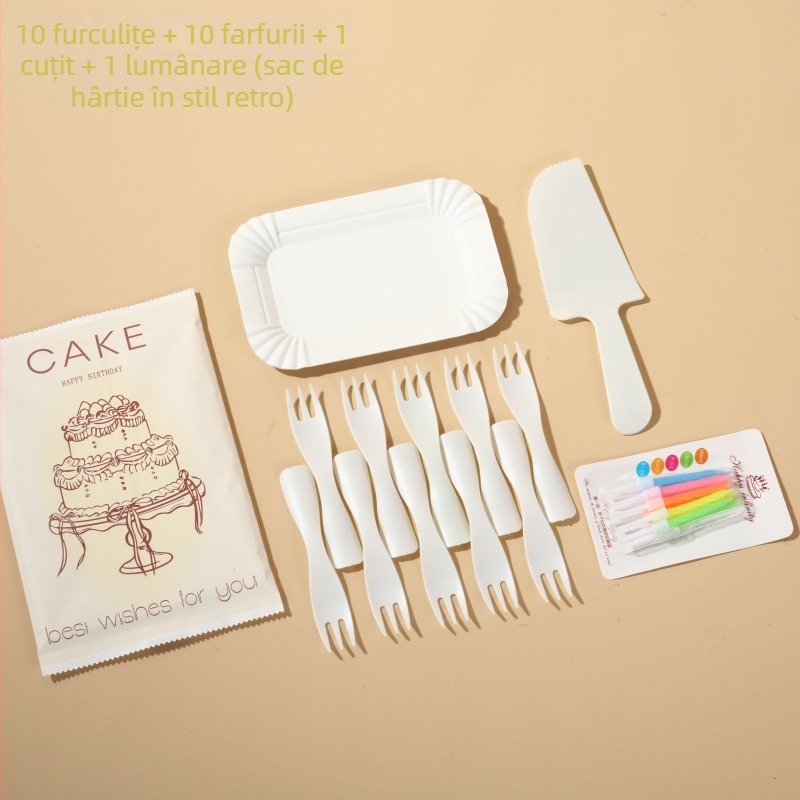 Set tacâmuri de cofetă din hârtie – cuțit, furculiță, lingură pe farfurie dreptunghiulară – stil desen animat, 100 seturi