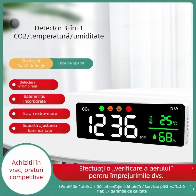 Detector CO2 montat pe perete, măsurarea concentrației CO2, 400–5000 ppm, precizie ±5%