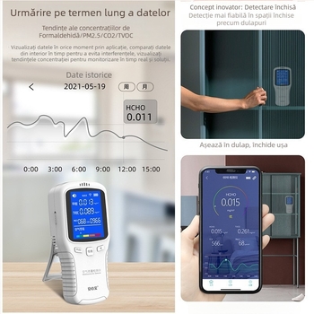 Detector de calitate a aerului WP6918 — formaldehidă, CO2 și TVOC, interval de măsură 0-1.999 mg/m3, precizie 0.0001, baterie Li-ion 1200 mAh