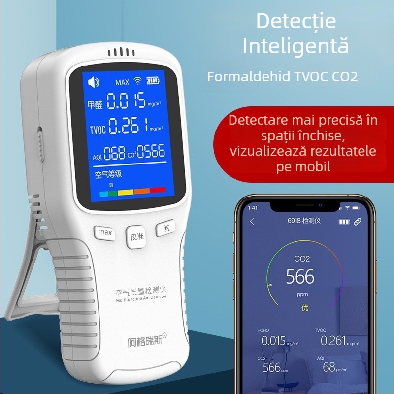Detector de calitate a aerului WP6918 — formaldehidă, CO2 și TVOC, interval de măsură 0-1.999 mg/m3, precizie 0.0001, baterie Li-ion 1200 mAh