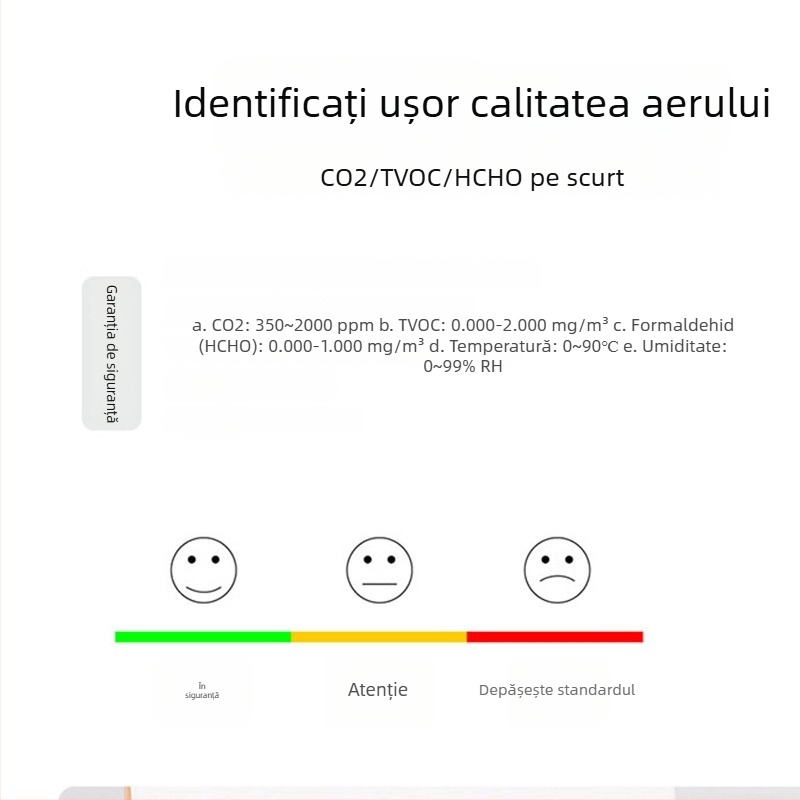Luffeta 001 Detector portabil de calitate a aerului pentru CO2, formaldehidă, oxigen și calitatea generală a aerului, temperatură și umiditate, acoperire 20 m², reîncărcabil