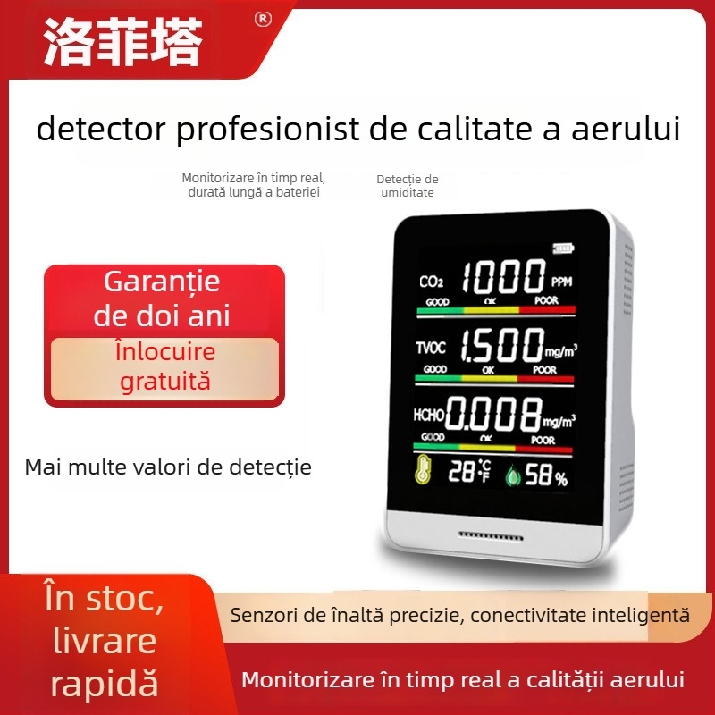 Luffeta 001 Detector portabil de calitate a aerului pentru CO2, formaldehidă, oxigen și calitatea generală a aerului, temperatură și umiditate, acoperire 20 m², reîncărcabil