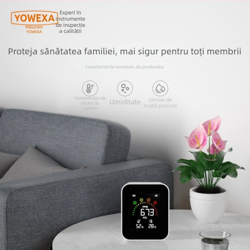 YOWEXA YEM-42 detector CO2 cu infraroșu, monitor de calitate a aerului interior, 3-in-1 temperatură și umiditate, 400–10000 ppm, rezoluție 1 ppm, precizie ±3%, alimentare USB/3x AAA/Li-ion