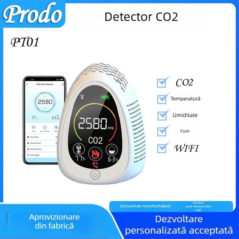 Detector CO2 5 în 1, detector de fum și alarmă, monitor de temperatură și umiditate, detector de gaze portabil