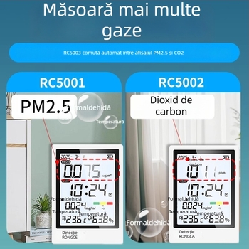 Detector de calitate a aerului interior all-in-one: PM2.5, CO2, formaldehidă, temperatură și umiditate; interval de măsură 0-5 mg/m³; rezoluție 0,01; acuratețe 0,02; alimentare Type-C