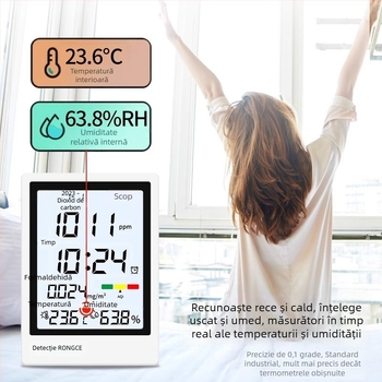 Detector de calitate a aerului interior all-in-one: PM2.5, CO2, formaldehidă, temperatură și umiditate; interval de măsură 0-5 mg/m³; rezoluție 0,01; acuratețe 0,02; alimentare Type-C