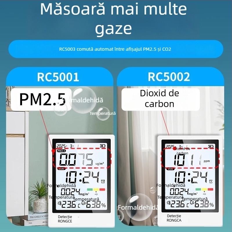 Detector de calitate a aerului interior all-in-one: PM2.5, CO2, formaldehidă, temperatură și umiditate; interval de măsură 0-5 mg/m³; rezoluție 0,01; acuratețe 0,02; alimentare Type-C