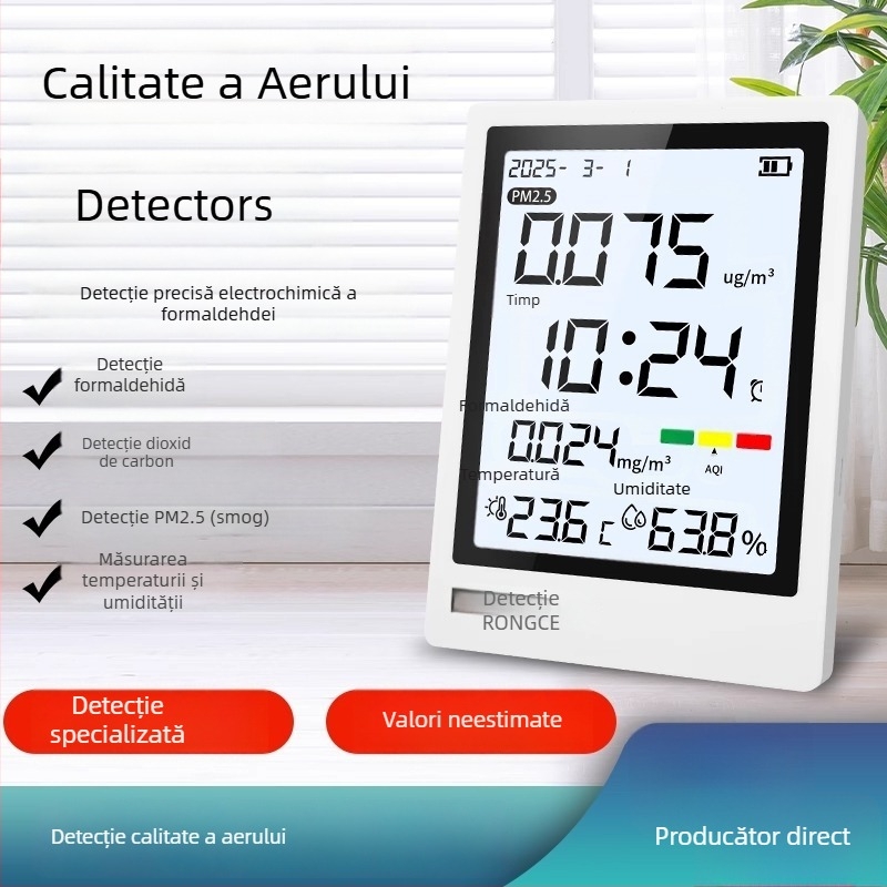 Detector de calitate a aerului interior all-in-one: PM2.5, CO2, formaldehidă, temperatură și umiditate; interval de măsură 0-5 mg/m³; rezoluție 0,01; acuratețe 0,02; alimentare Type-C