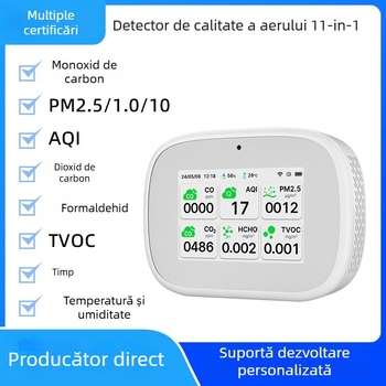 Detector de calitate a aerului 11-în-1 cu senzor infraroșu - PM2.5, CO, CO2, TVOC și formaldehidă monitor, alimentare Type-C
