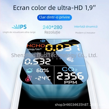 Detector portabil CO2 și calitatea aerului cu formaldehidă și TVOC, CO2 400–5000 ppm, formaldehidă 0–9.999 mg/m³, TVOC 0–9.999 mg/m³, precizie ±5%, afișaj 240×250