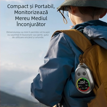 Detector portabil electrochimic de monoxid de carbon cu alarmă pentru camping în aer liber; măsoară presiunea atmosferică, altitudinea, temperatura și umiditatea.