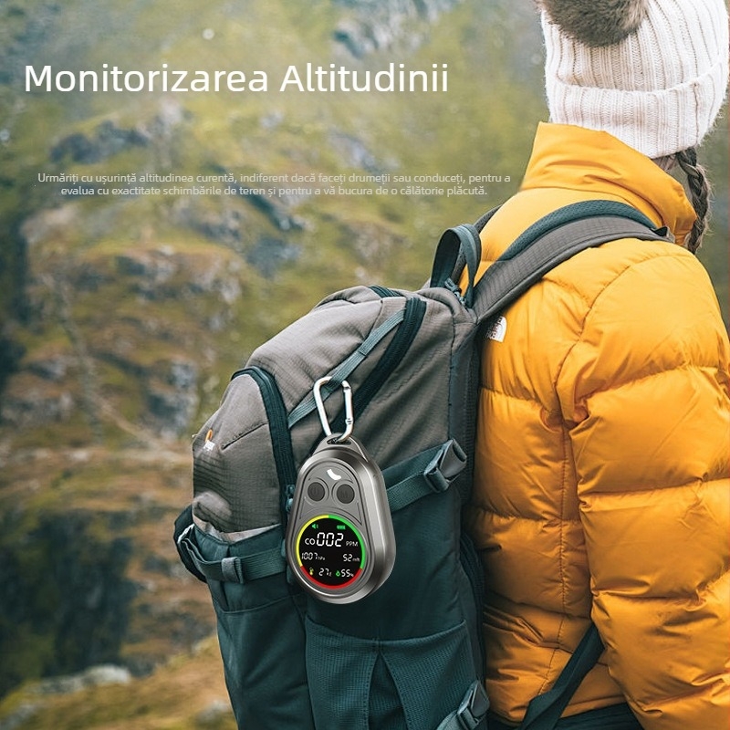 Detector portabil electrochimic de monoxid de carbon cu alarmă pentru camping în aer liber; măsoară presiunea atmosferică, altitudinea, temperatura și umiditatea.