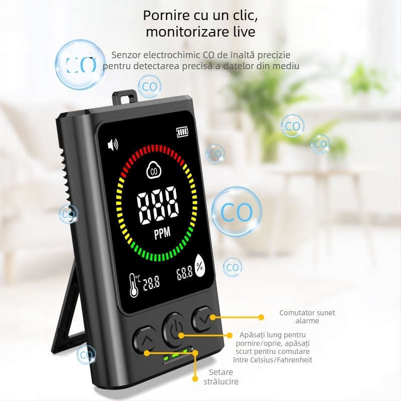 GC300 Detector portabil de monoxid de carbon – CO, temperatură și umiditate, interval 1–999 ppm, precizie ±(50ppm+5% din citire), reîncărcabil 5V1A