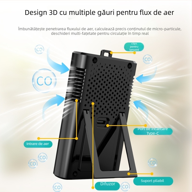 GC300 Detector portabil de monoxid de carbon – CO, temperatură și umiditate, interval 1–999 ppm, precizie ±(50ppm+5% din citire), reîncărcabil 5V1A