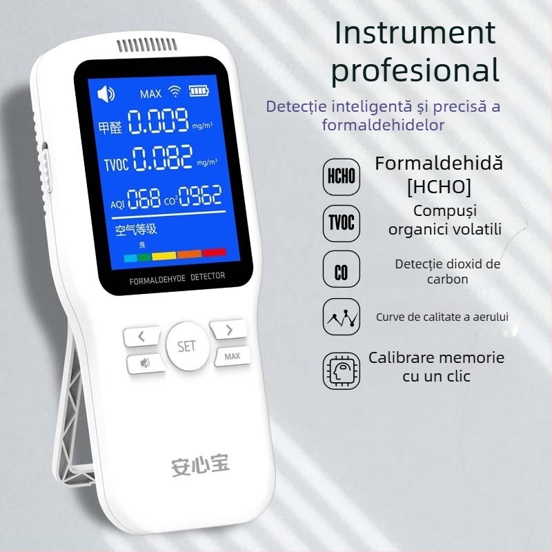 WP6933 Monitor de calitate a aerului interior — formaldehidă 0–1.999 mg/m3, TVOC 0–9.999 mg/m3, CO2 400–2000 ppm (alimentare USB)