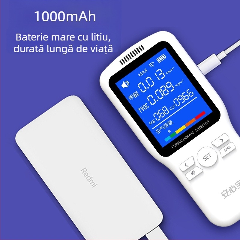 WP6933 Monitor de calitate a aerului interior — formaldehidă 0–1.999 mg/m3, TVOC 0–9.999 mg/m3, CO2 400–2000 ppm (alimentare USB)